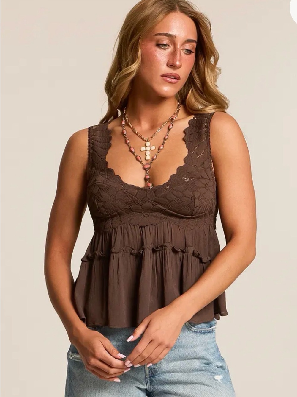 Intimately Free People Petal Party Cami Shaved Chocolate Brown Sz L 68 NWOT